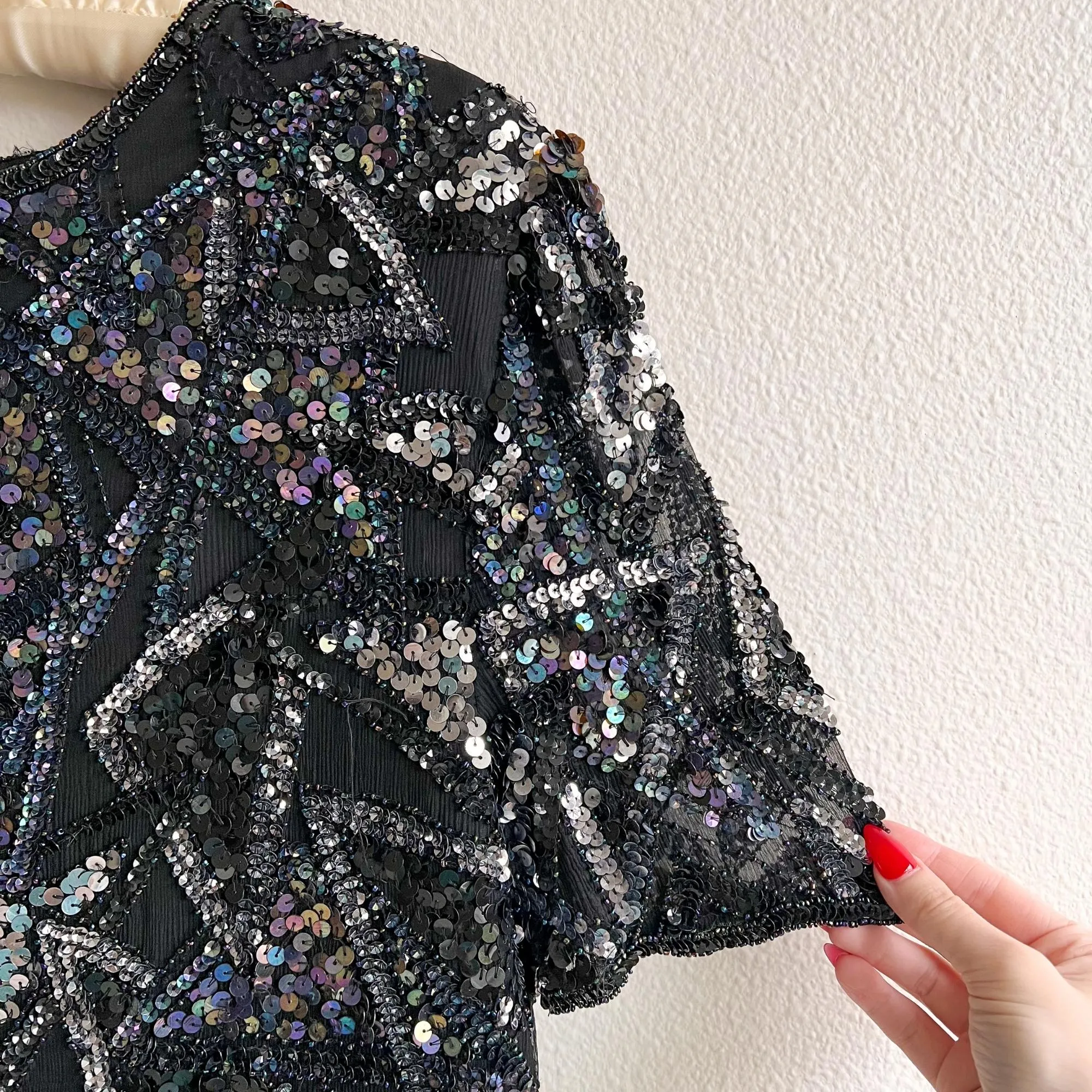 1980s Black Sequined Triangles Blouse (S/M)