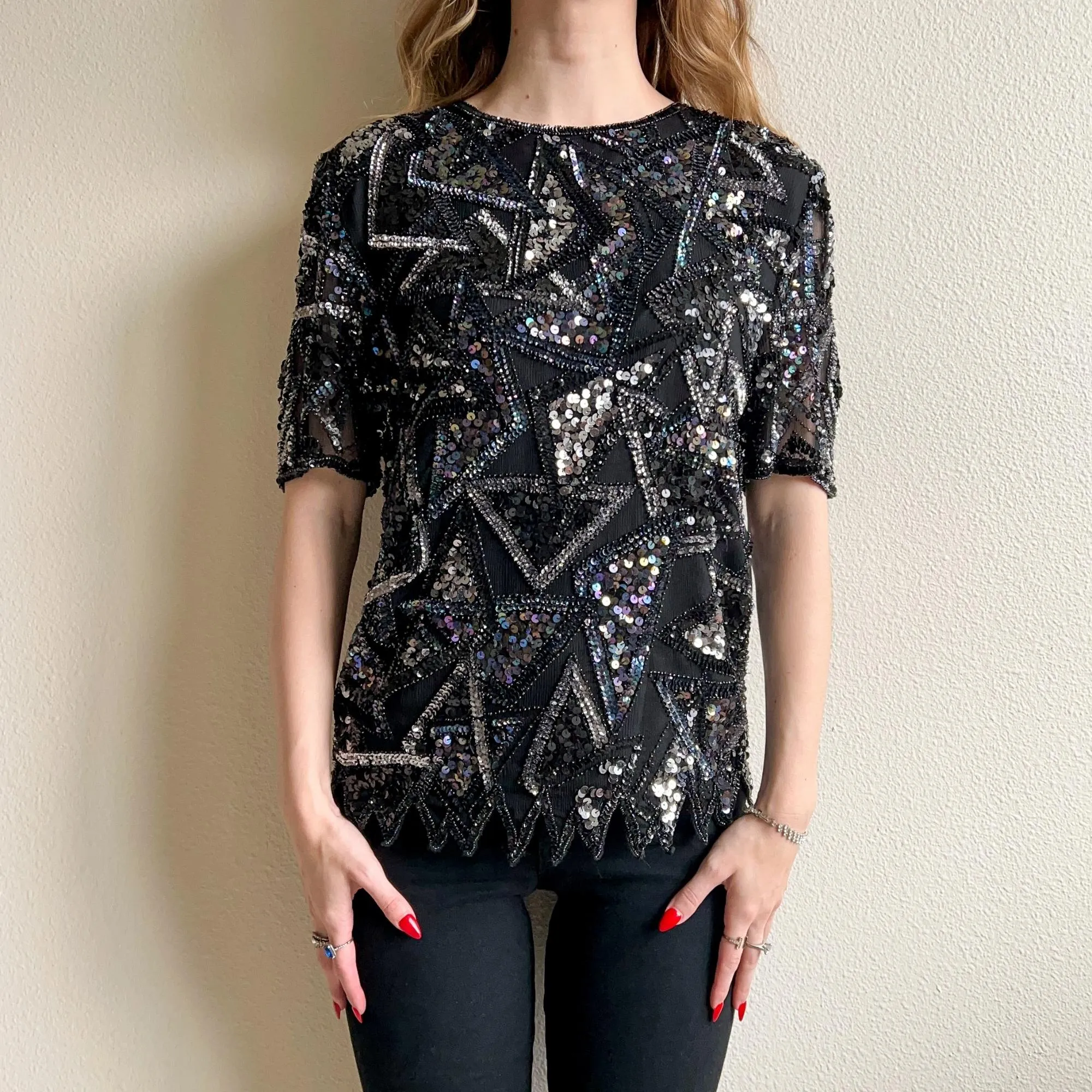 1980s Black Sequined Triangles Blouse (S/M)