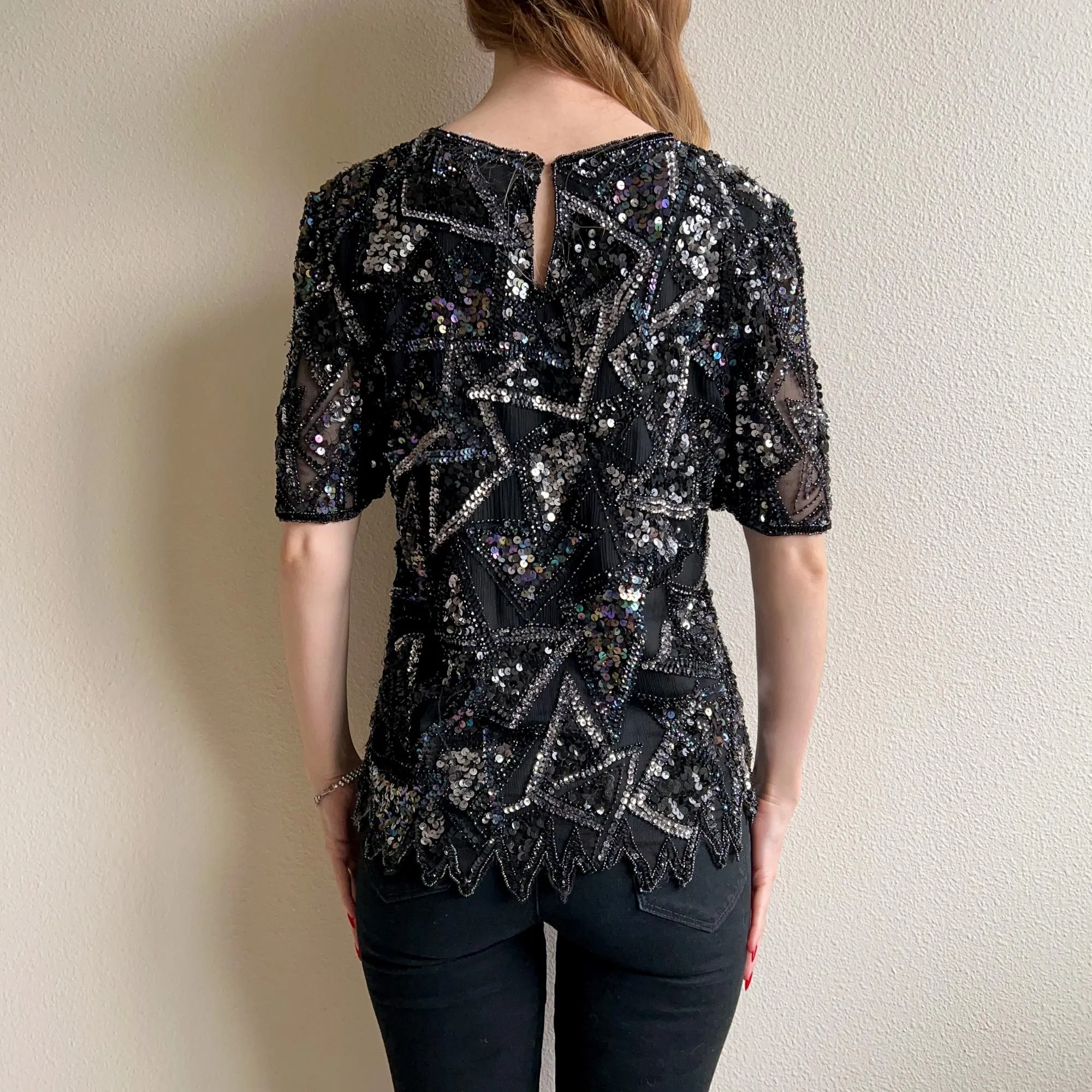 1980s Black Sequined Triangles Blouse (S/M)
