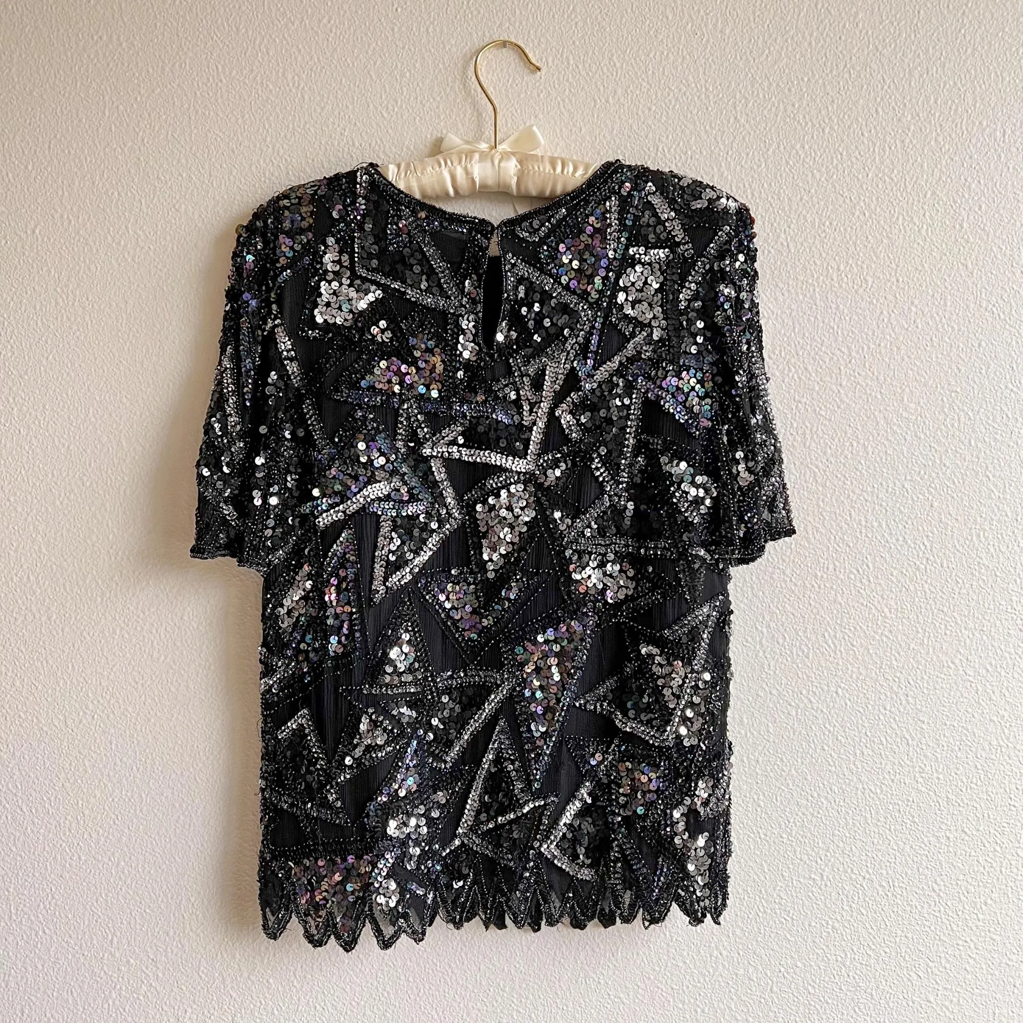 1980s Black Sequined Triangles Blouse (S/M)