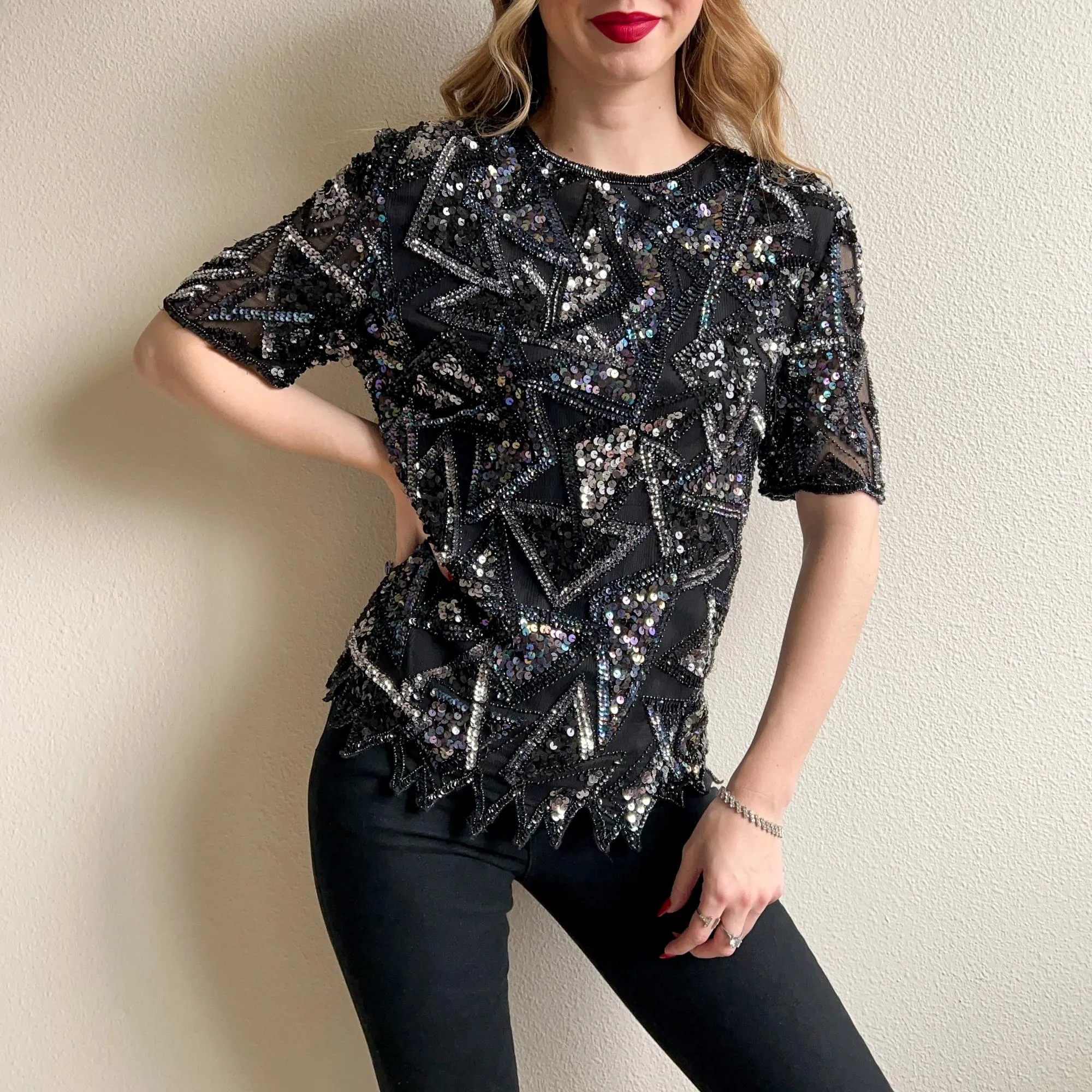 1980s Black Sequined Triangles Blouse (S/M)