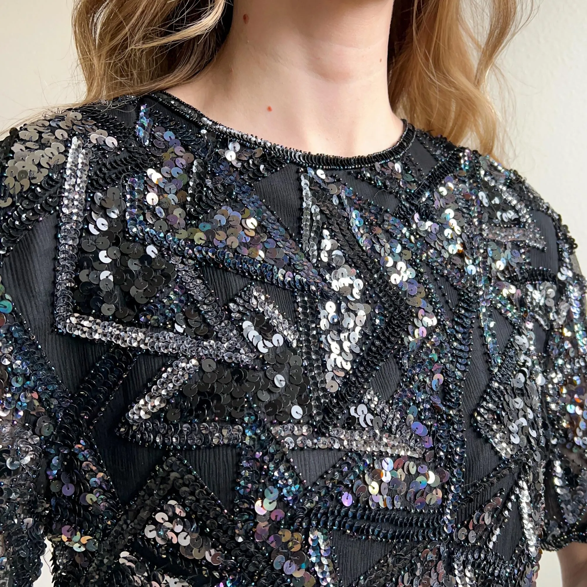 1980s Black Sequined Triangles Blouse (S/M)