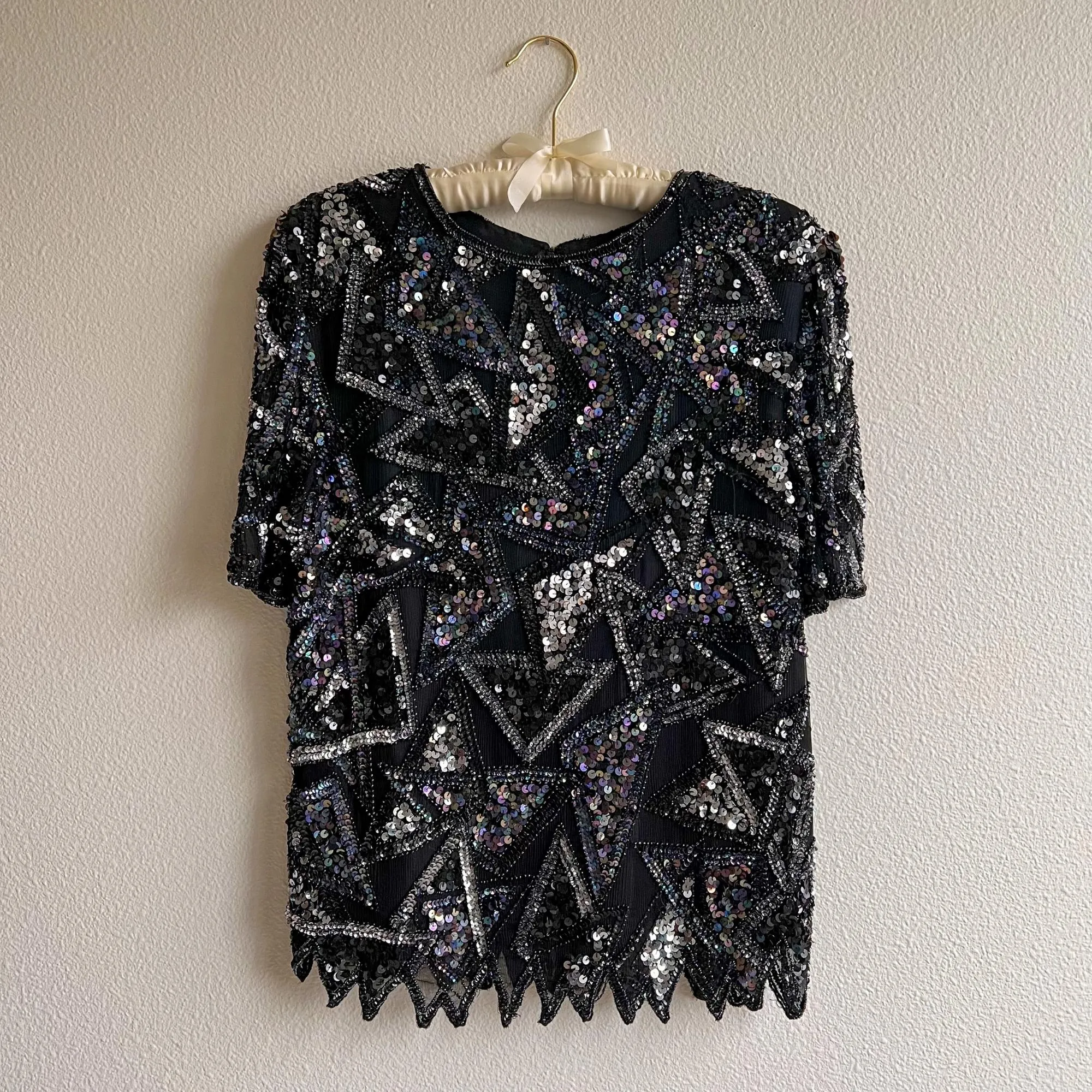 1980s Black Sequined Triangles Blouse (S/M)