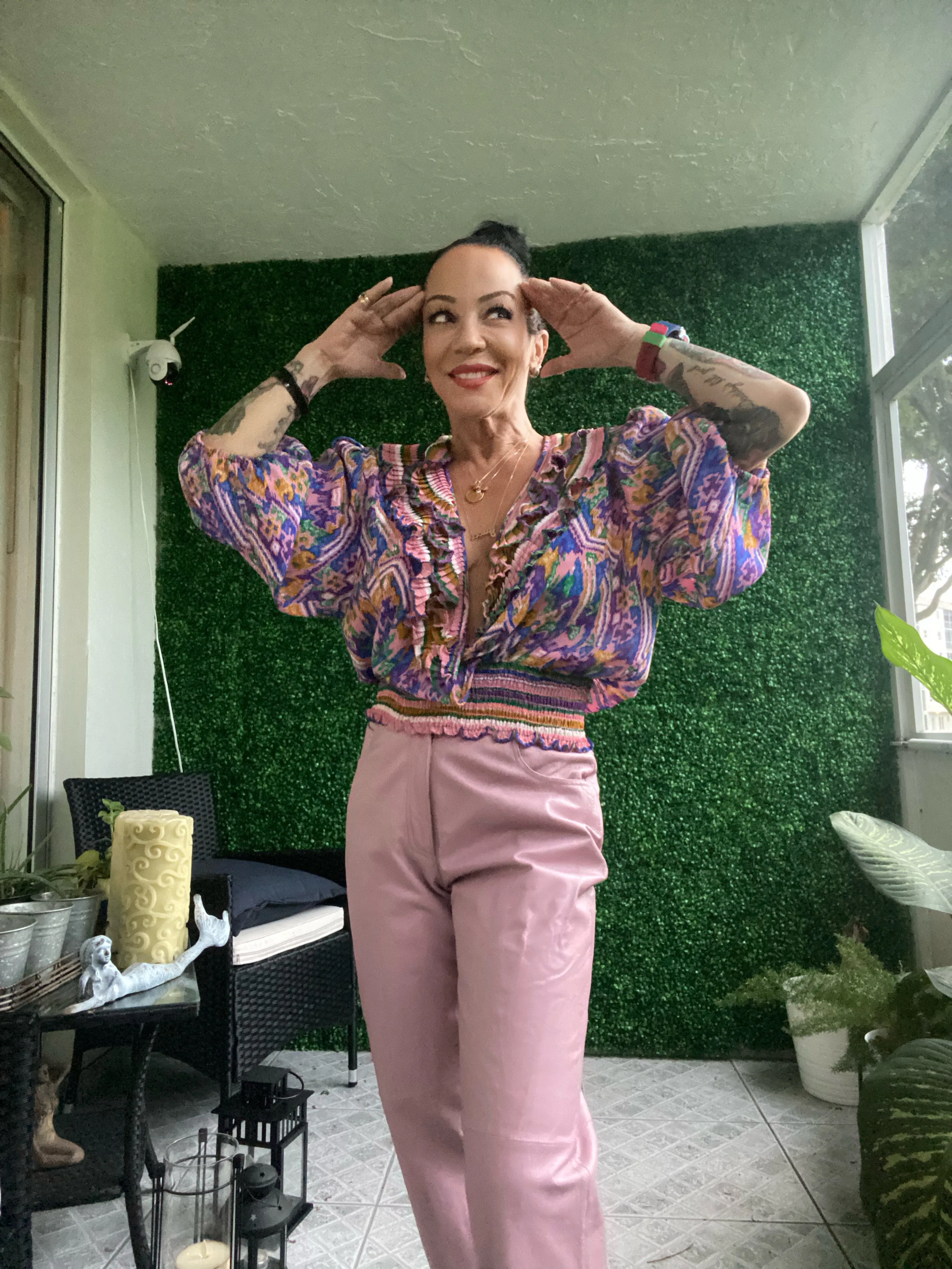 1980s high rise genuine leather bold pastel pink tailored pants Tower Hill Collection