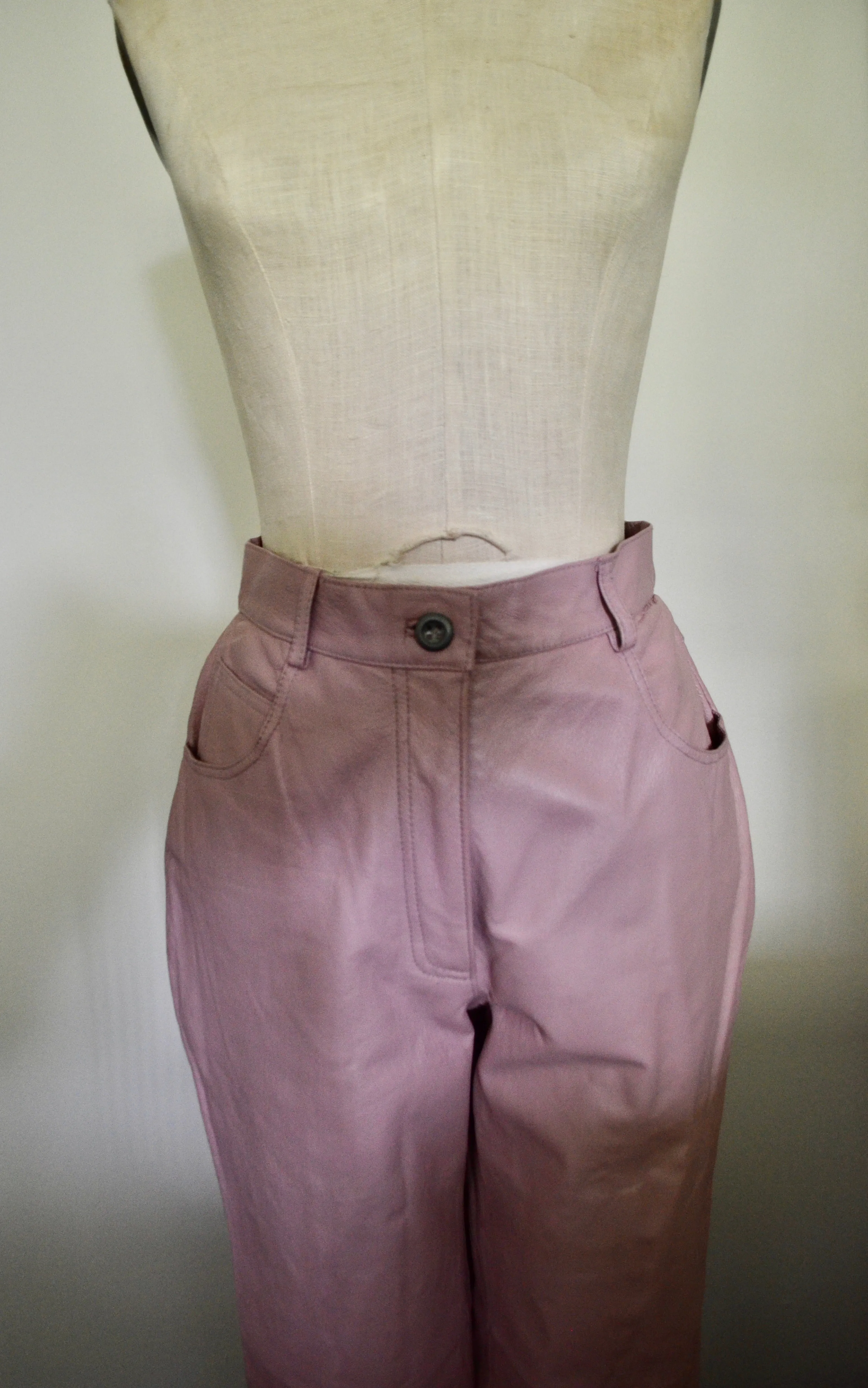 1980s high rise genuine leather bold pastel pink tailored pants Tower Hill Collection