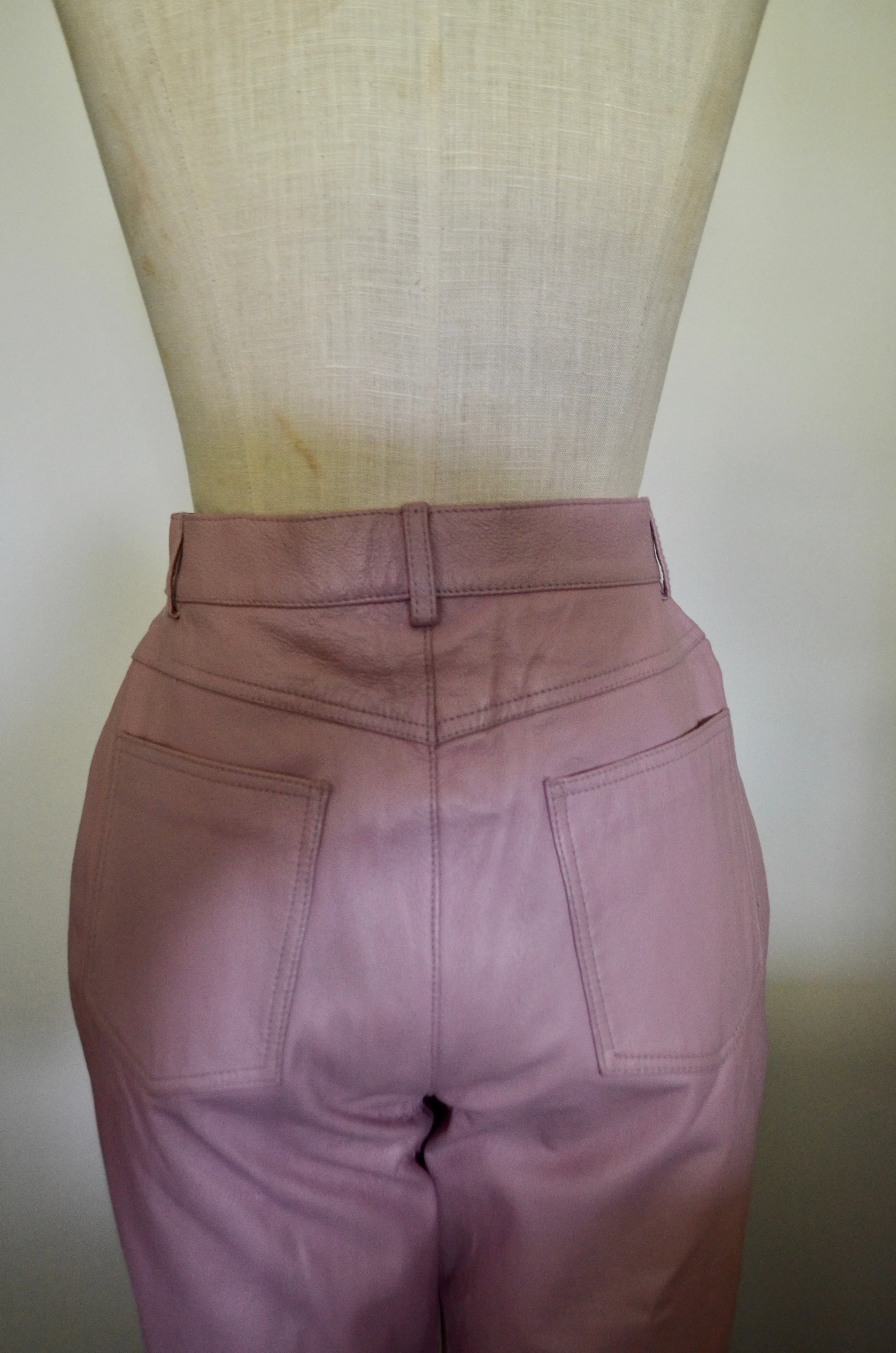 1980s high rise genuine leather bold pastel pink tailored pants Tower Hill Collection