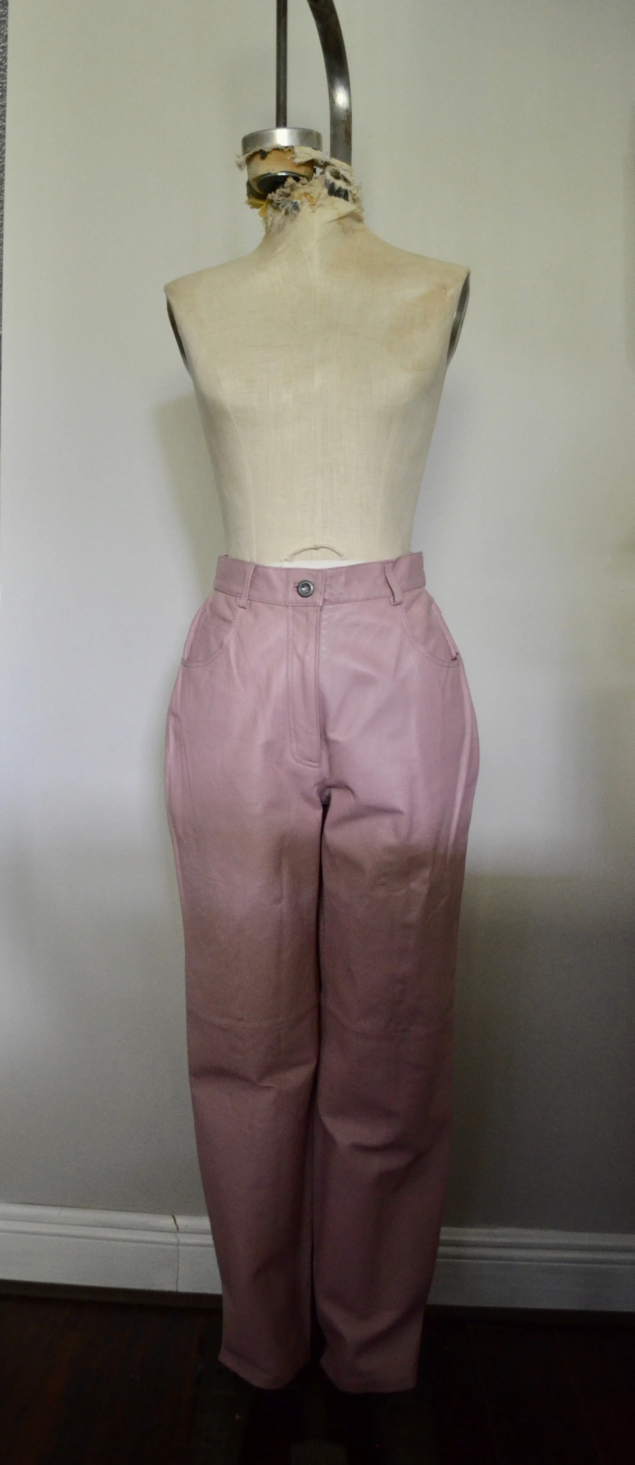 1980s high rise genuine leather bold pastel pink tailored pants Tower Hill Collection