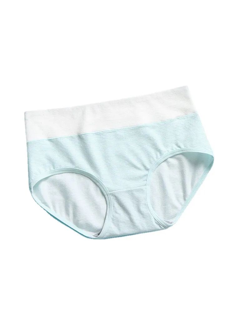 1Pcs Women Stripe Print Cotton Wide Waistband High Waist Panties
