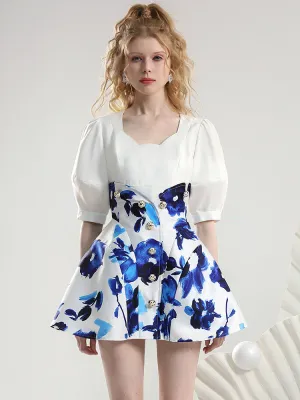 2Type Set-Up Puff-Sleeve High-Waist Flower Chic Tops＆Skirt