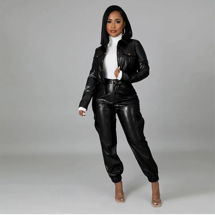 2XL 2 Piece Faux Leather Jacket w/ Palazzo Pants Plus Size Women