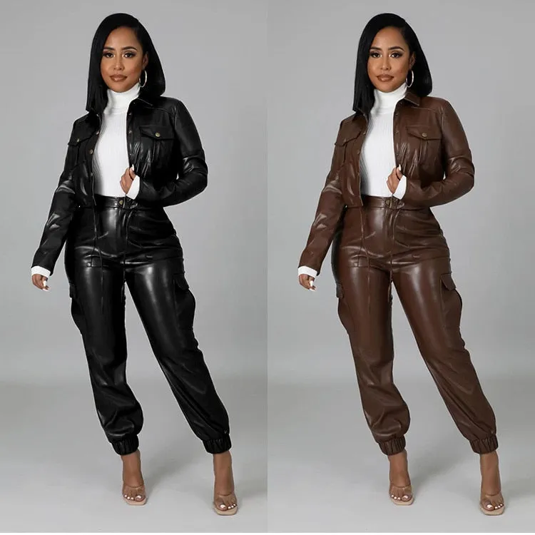 2XL 2 Piece Faux Leather Jacket w/ Palazzo Pants Plus Size Women