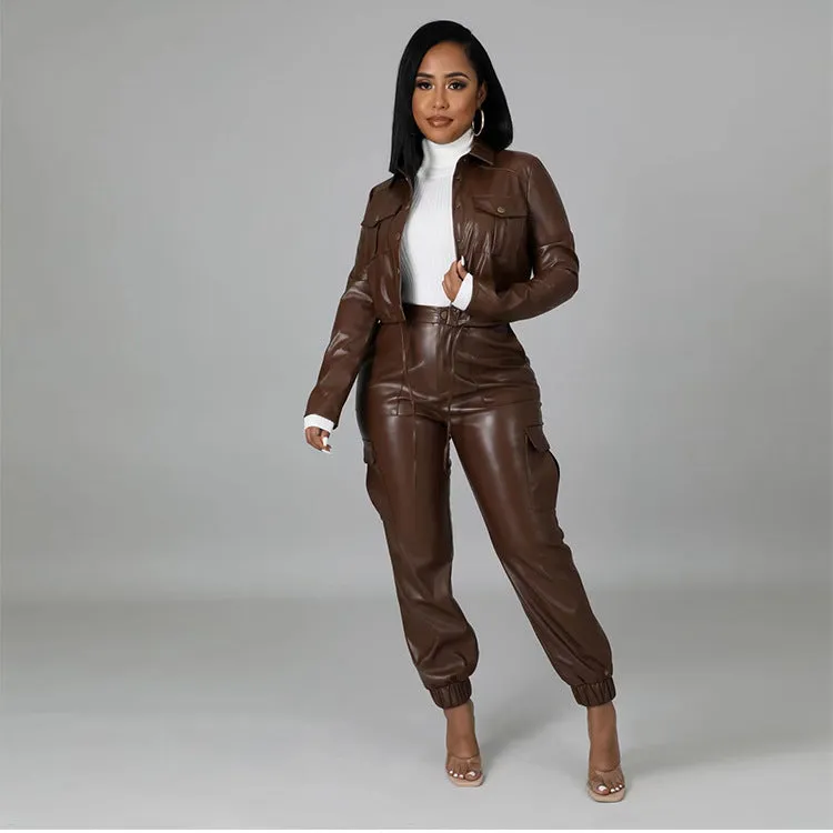 2XL 2 Piece Faux Leather Jacket w/ Palazzo Pants Plus Size Women