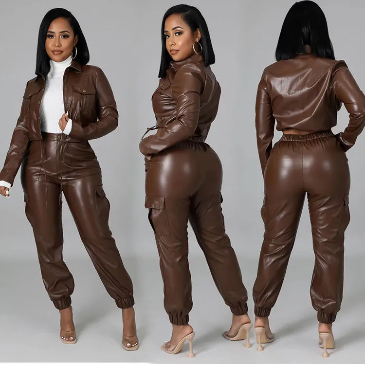 2XL 2 Piece Faux Leather Jacket w/ Palazzo Pants Plus Size Women