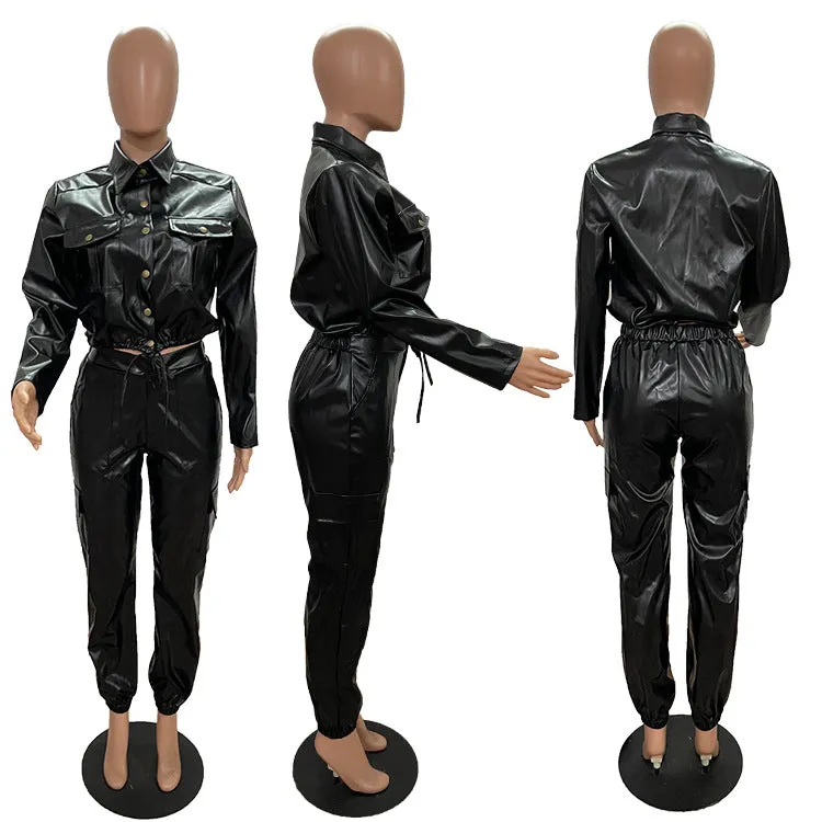 2XL 2 Piece Faux Leather Jacket w/ Palazzo Pants Plus Size Women