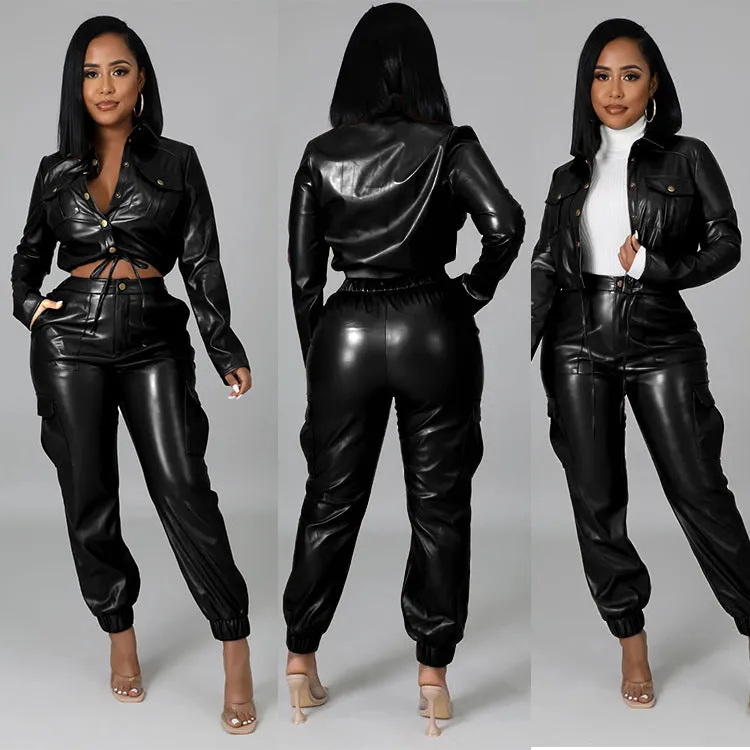 2XL 2 Piece Faux Leather Jacket w/ Palazzo Pants Plus Size Women