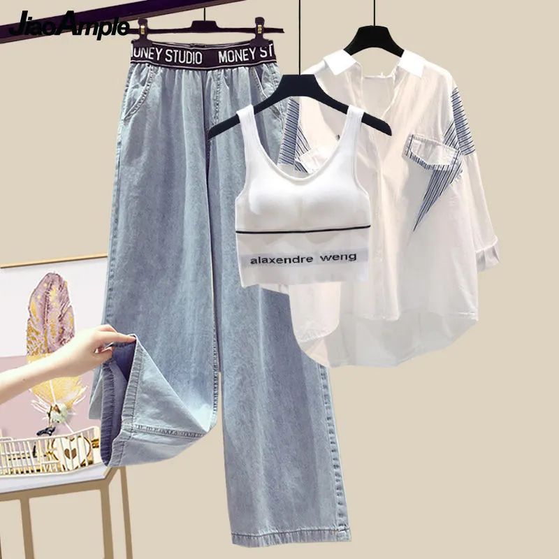 3pc- Shirt Vest High Waist Denim Pants