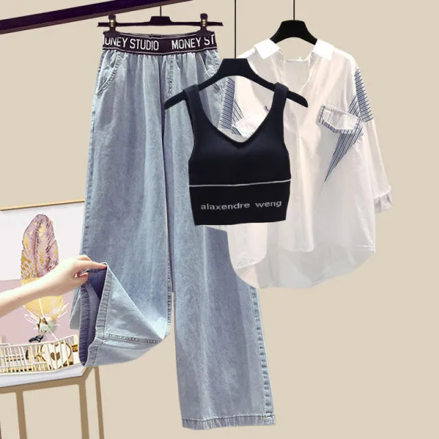 3pc- Shirt Vest High Waist Denim Pants