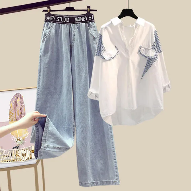 3pc- Shirt Vest High Waist Denim Pants