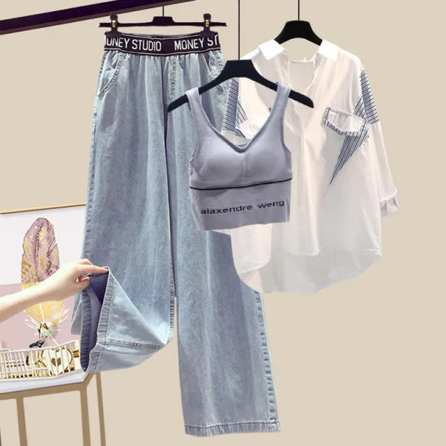 3pc- Shirt Vest High Waist Denim Pants