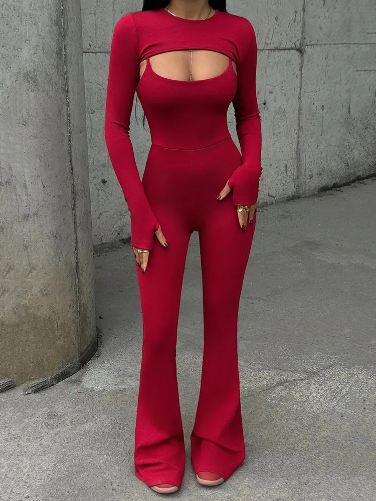A&A Hollow Out Jumpsuit Long Sleeve Two Piece Set