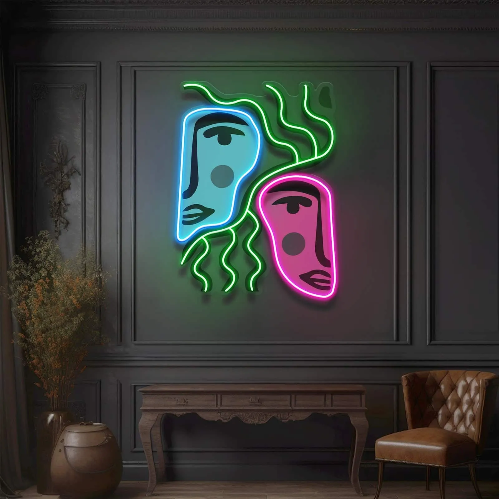 Abstract Faces Neon Sign – Modern Artistry & Vibrant Colors for Living Rooms, Studios, Cafes, & Galleries