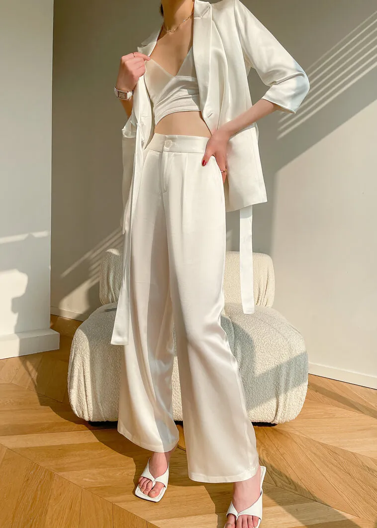 Acetate Belted Blazer Wide Leg Pants Two Piece Suit Set