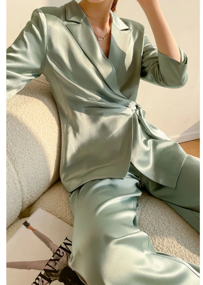 Acetate Belted Blazer Wide Leg Pants Two Piece Suit Set