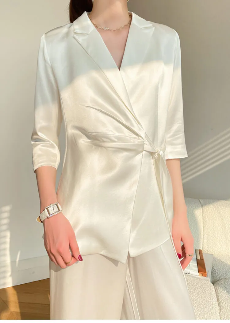 Acetate Belted Blazer Wide Leg Pants Two Piece Suit Set