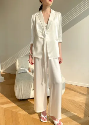 Acetate Belted Blazer Wide Leg Pants Two Piece Suit Set