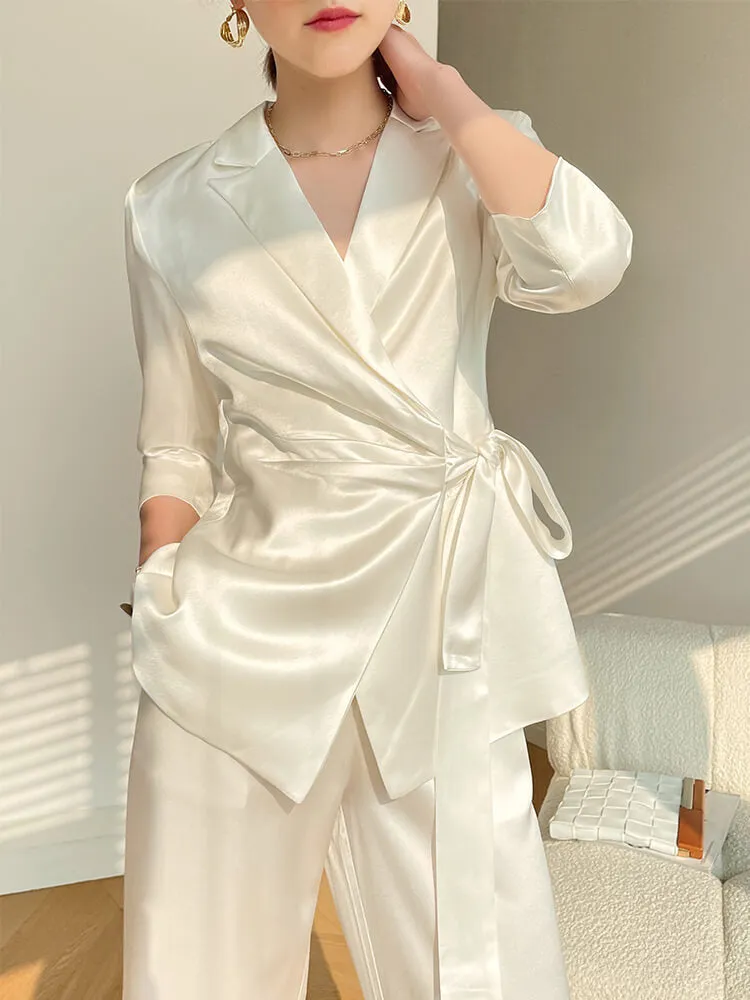 Acetate Belted Blazer Wide Leg Pants Two Piece Suit Set