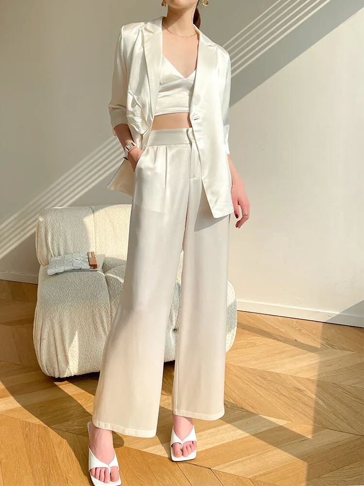Acetate Belted Blazer Wide Leg Pants Two Piece Suit Set