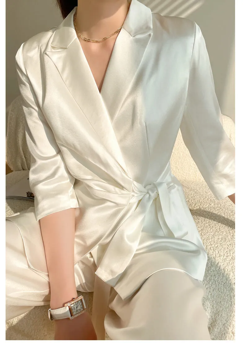 Acetate Belted Blazer Wide Leg Pants Two Piece Suit Set