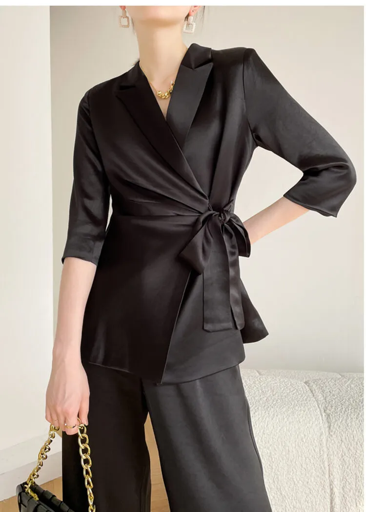 Acetate Belted Blazer Wide Leg Pants Two Piece Suit Set