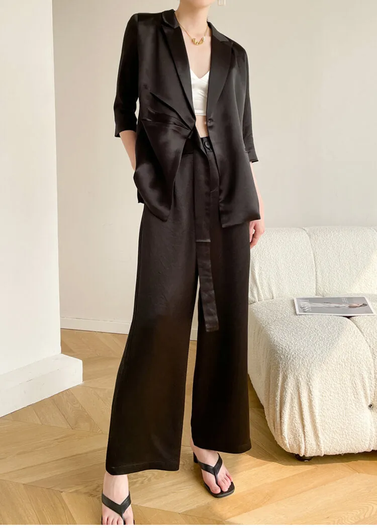 Acetate Belted Blazer Wide Leg Pants Two Piece Suit Set