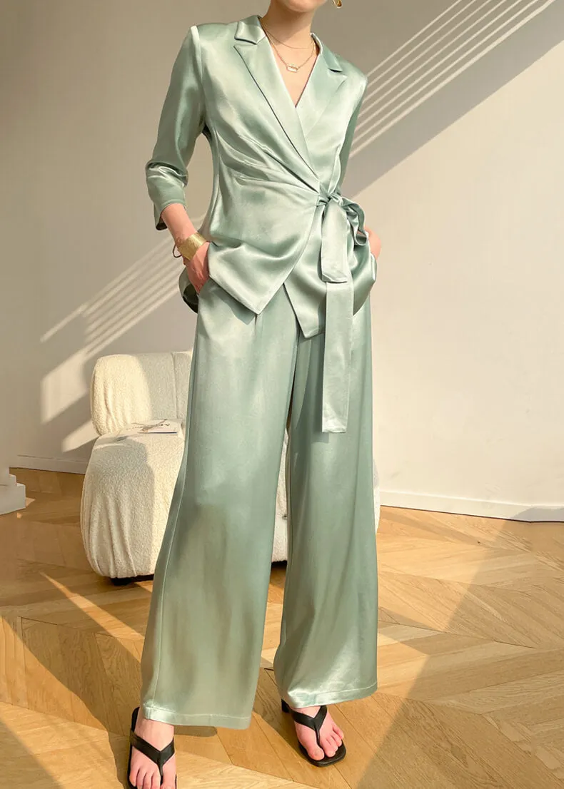 Acetate Belted Blazer Wide Leg Pants Two Piece Suit Set