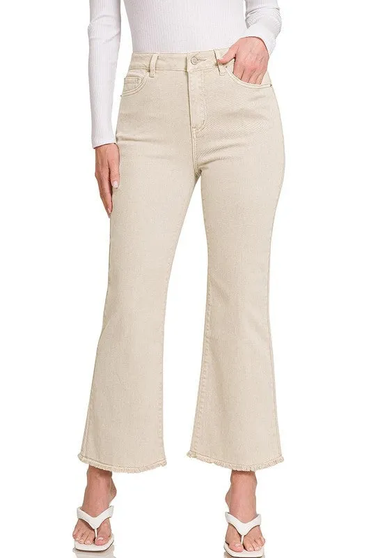 Acid Washed High Waist Frayed Hem Bootcut Pants