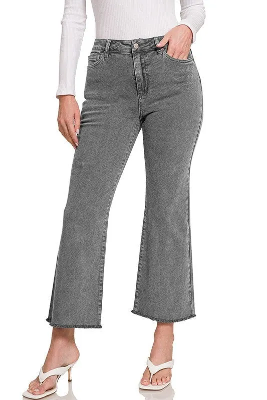 Acid Washed High Waist Frayed Hem Bootcut Pants