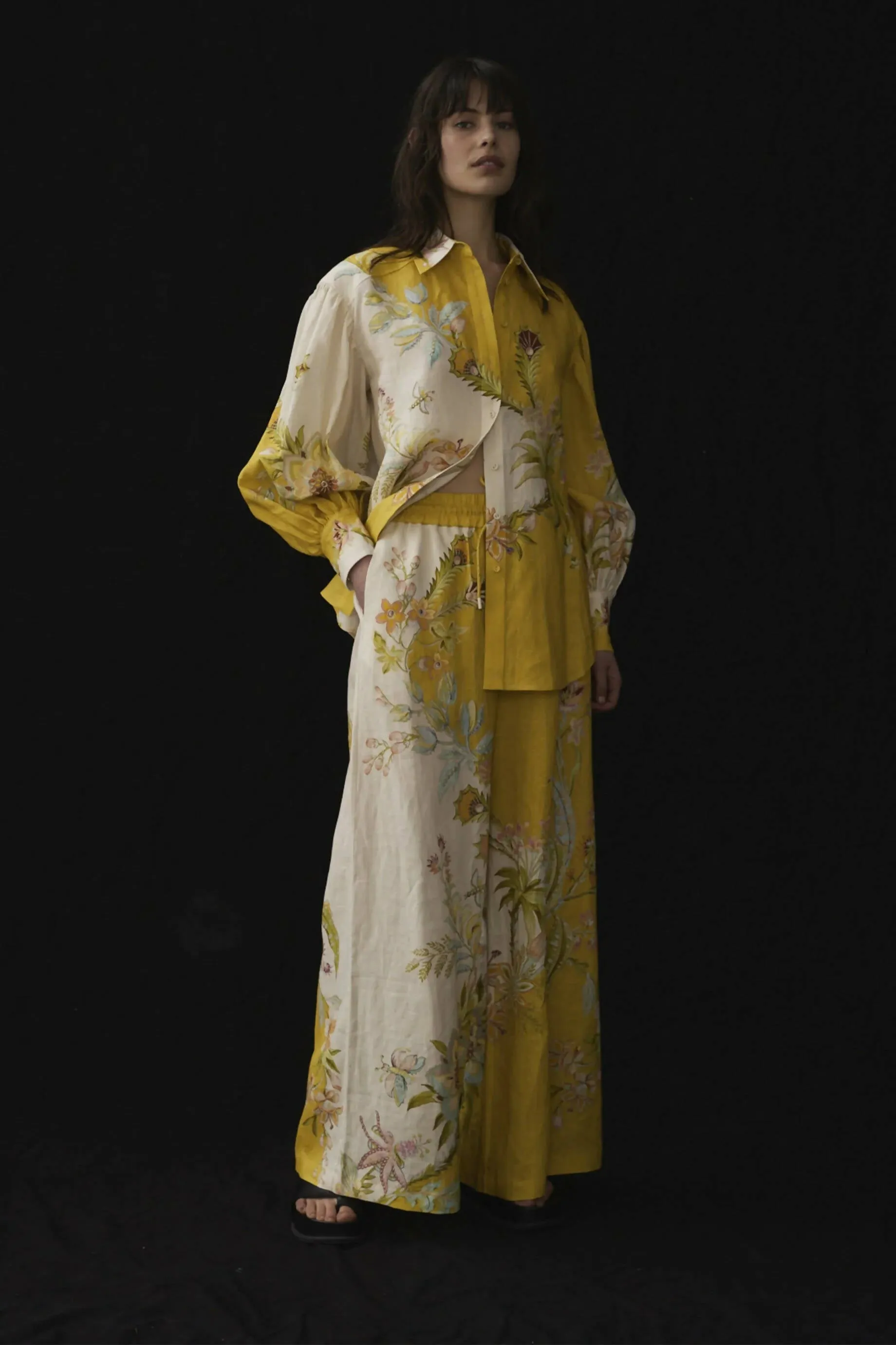 Alemais Ira Linen Shirt and Pants Set in Lemon Cream Floral Size 16