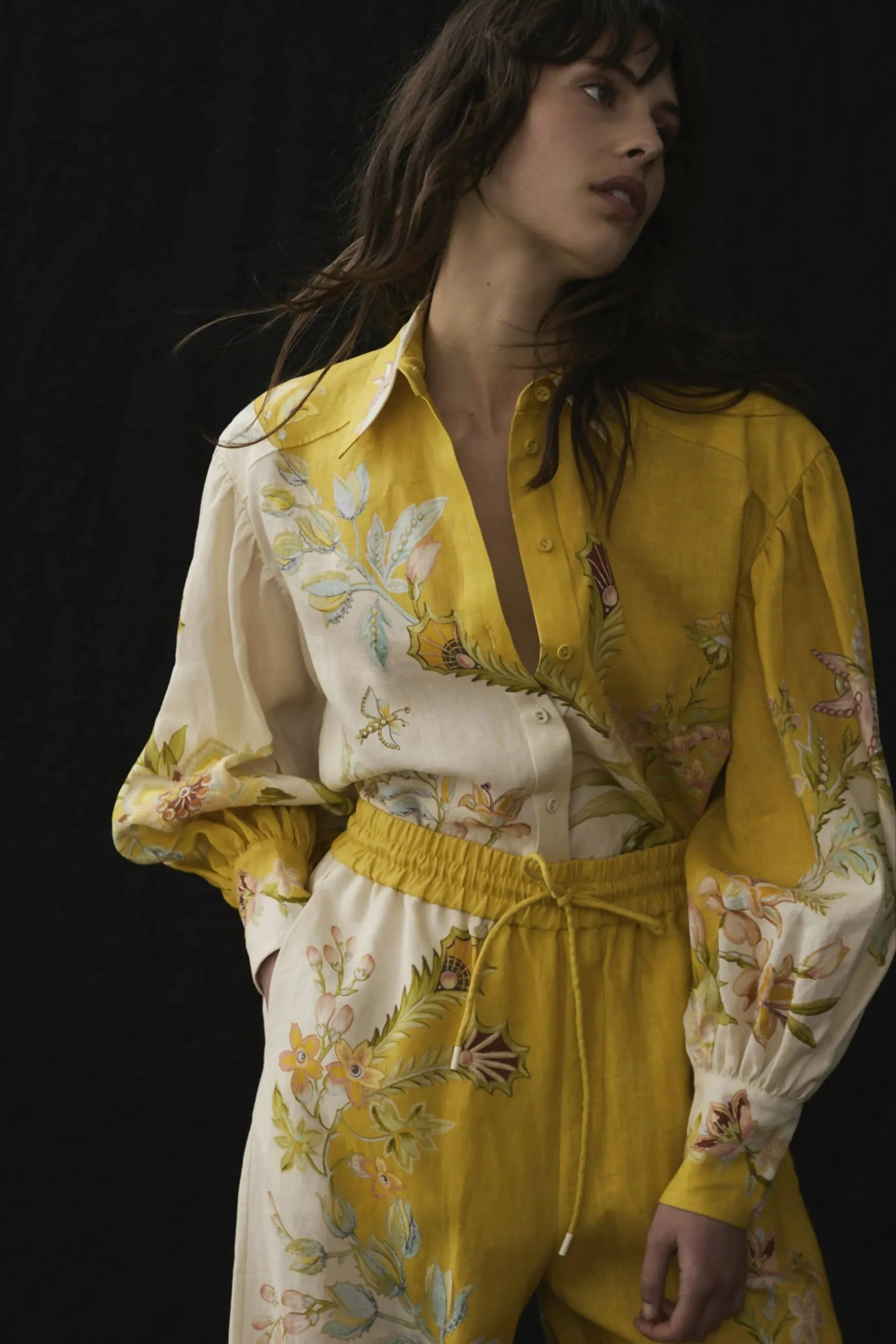 Alemais Ira Linen Shirt and Pants Set in Lemon Cream Floral Size 16