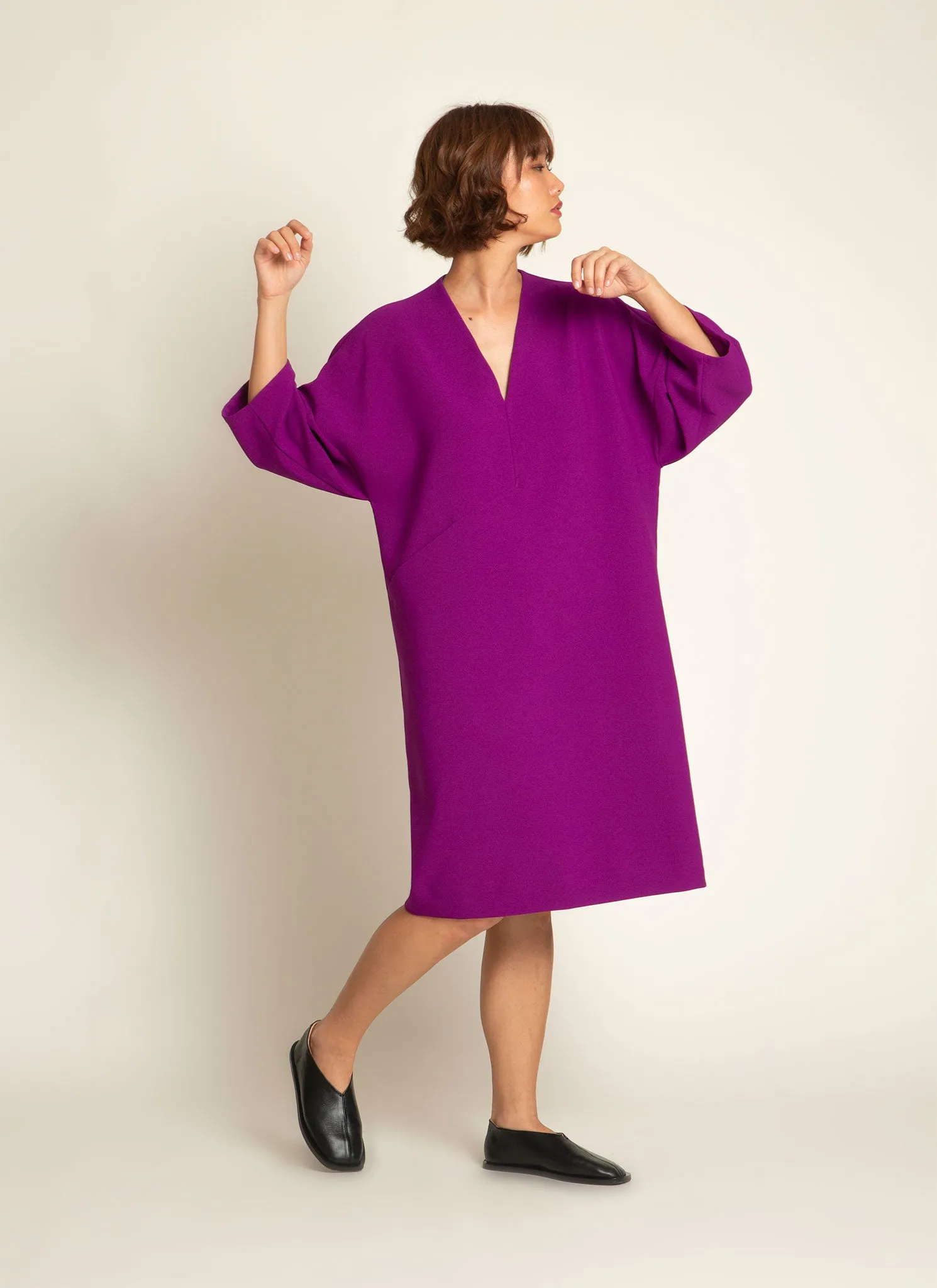 Alluvial 3/4 Sleeve V Neck Mini Pocket Dress in Magenta Purple