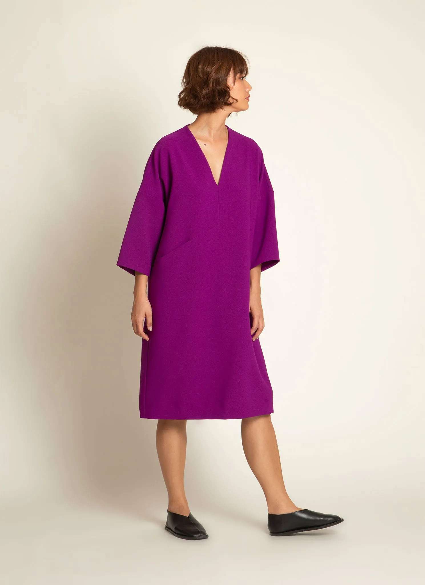 Alluvial 3/4 Sleeve V Neck Mini Pocket Dress in Magenta Purple