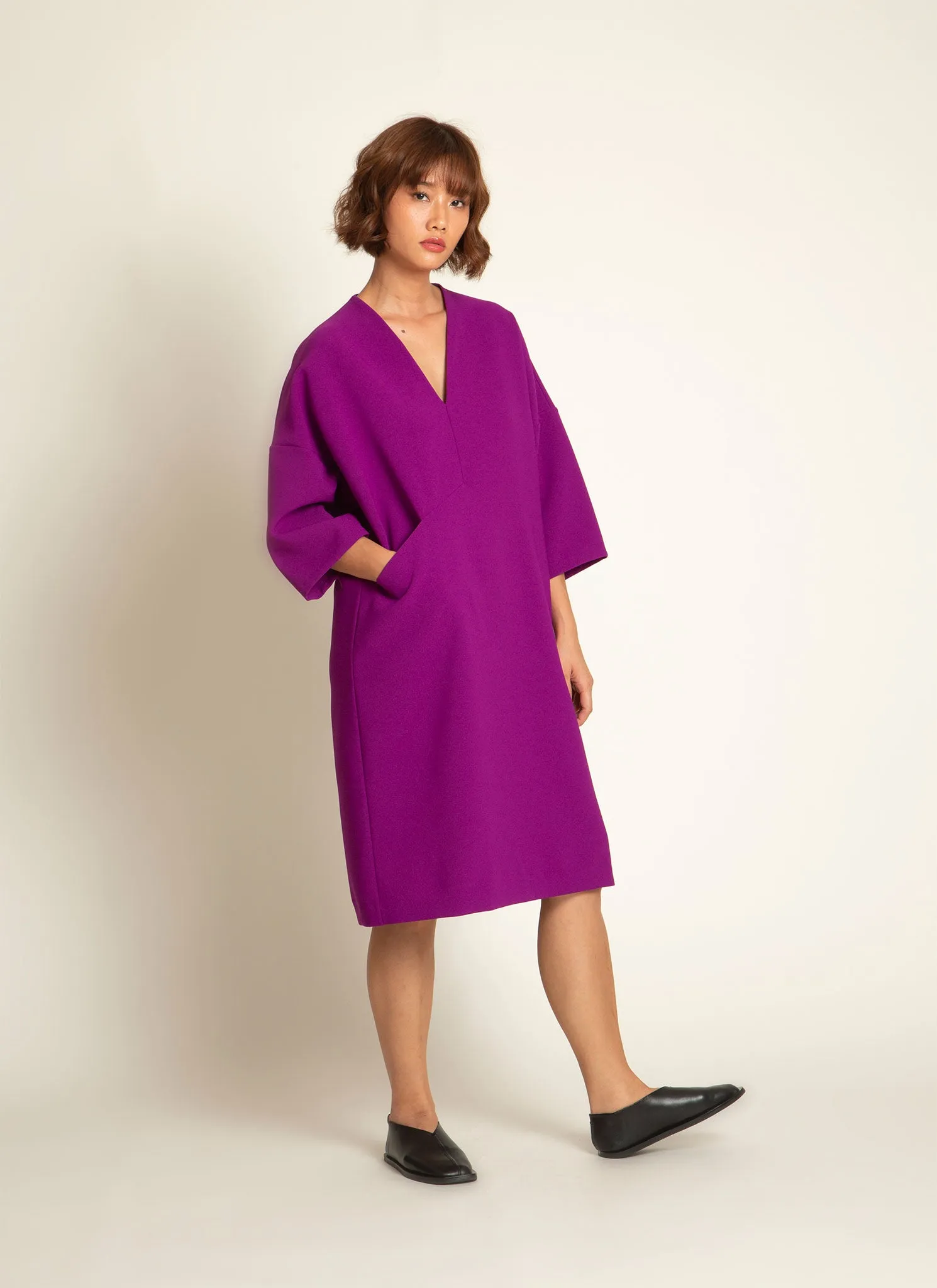 Alluvial 3/4 Sleeve V Neck Mini Pocket Dress in Magenta Purple
