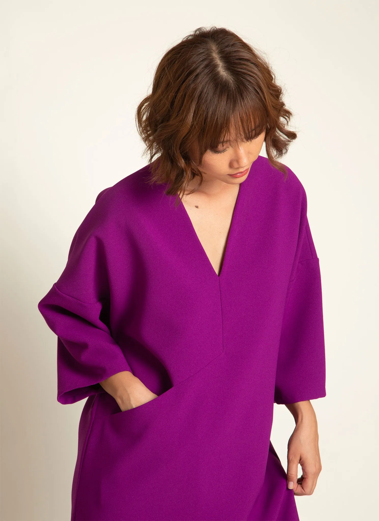 Alluvial 3/4 Sleeve V Neck Mini Pocket Dress in Magenta Purple