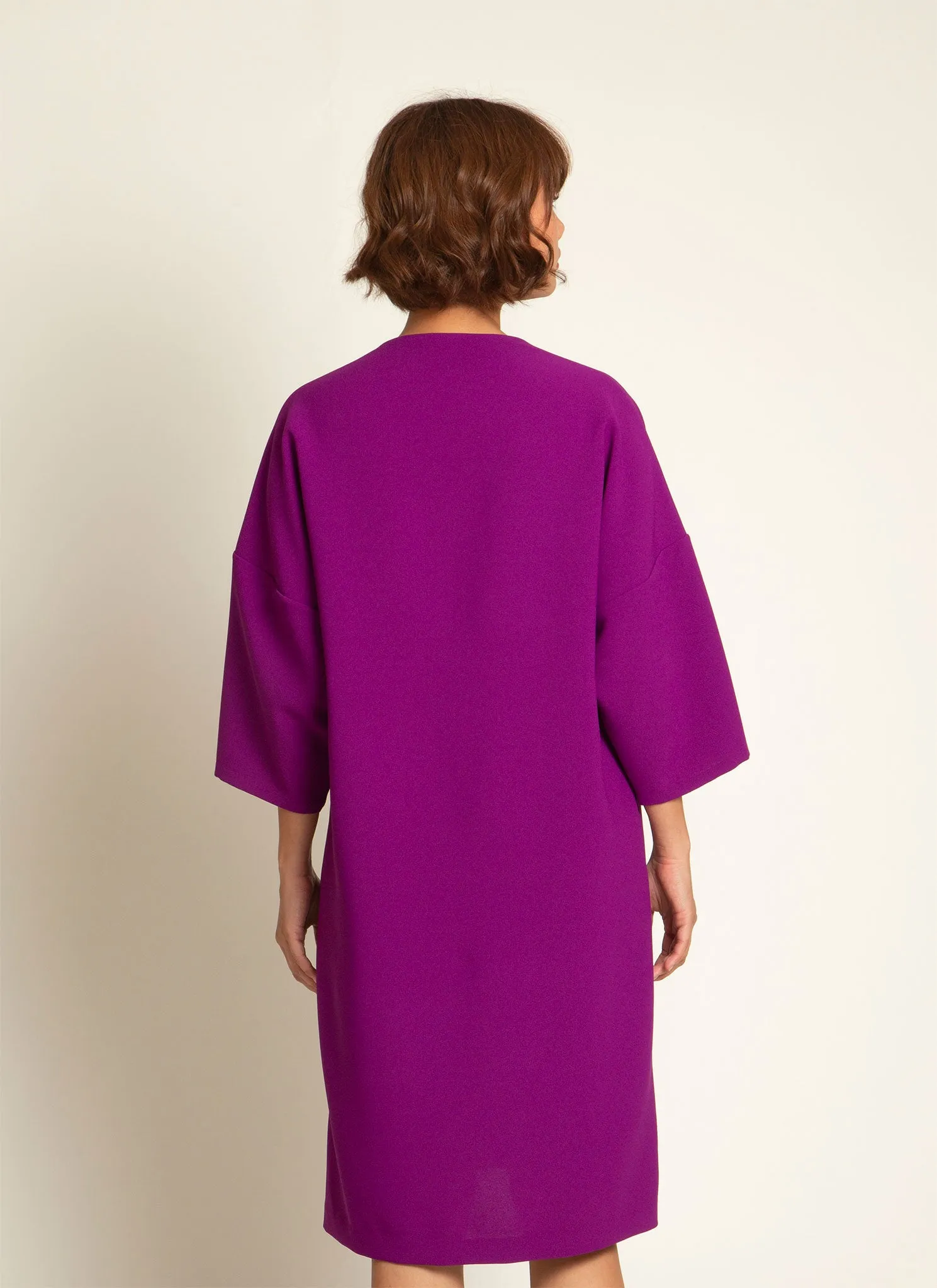Alluvial 3/4 Sleeve V Neck Mini Pocket Dress in Magenta Purple