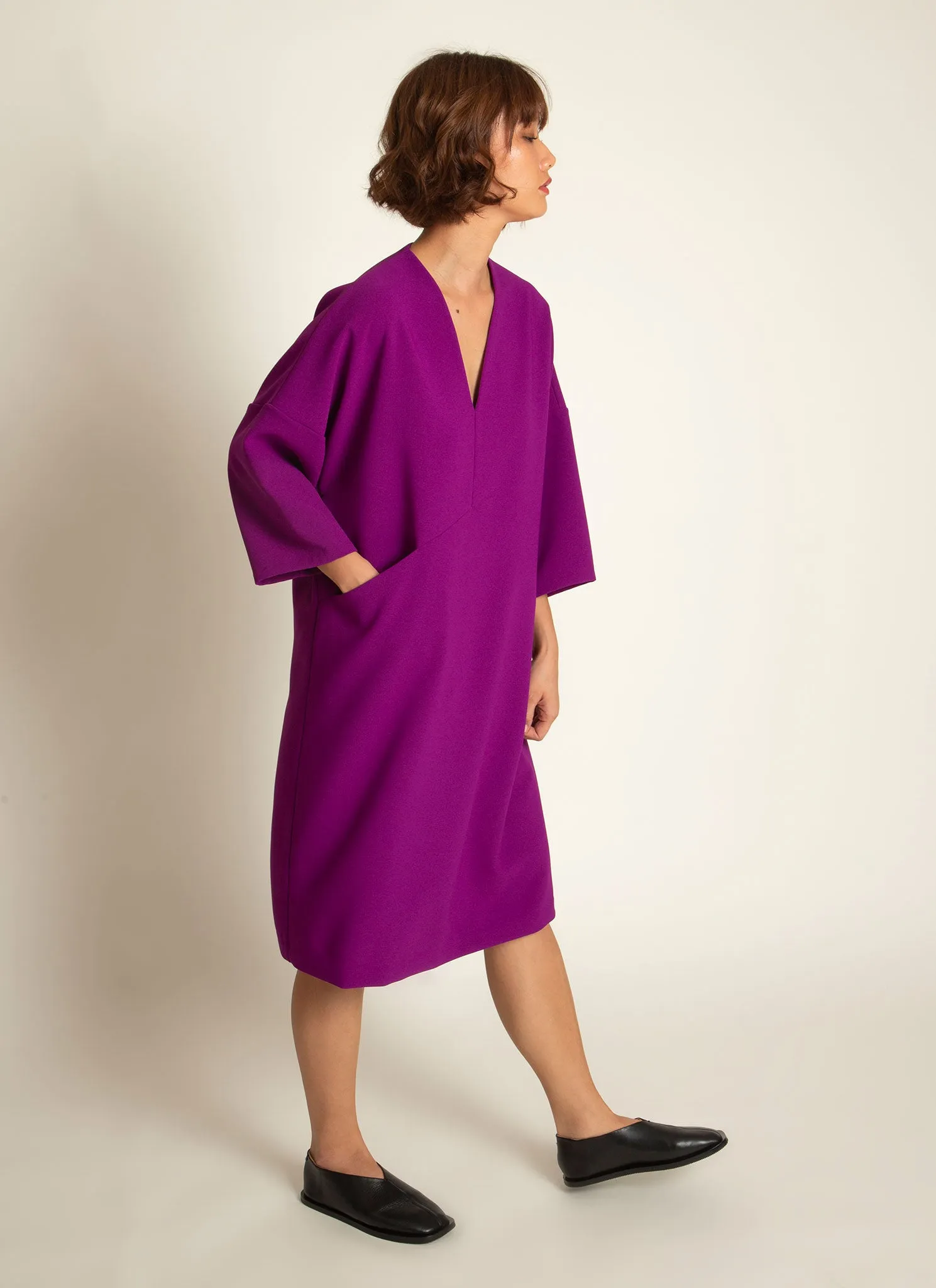 Alluvial 3/4 Sleeve V Neck Mini Pocket Dress in Magenta Purple