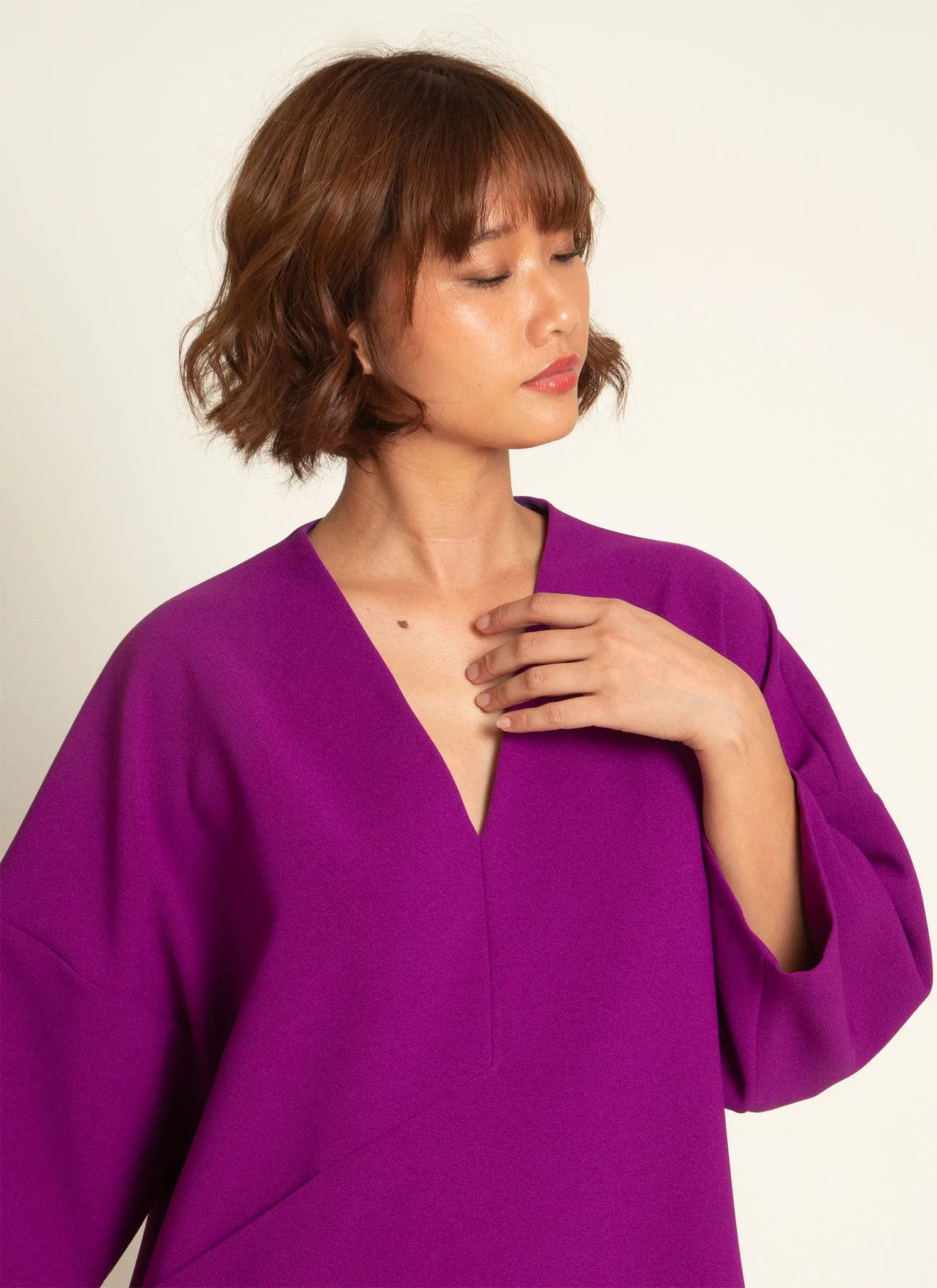 Alluvial 3/4 Sleeve V Neck Mini Pocket Dress in Magenta Purple