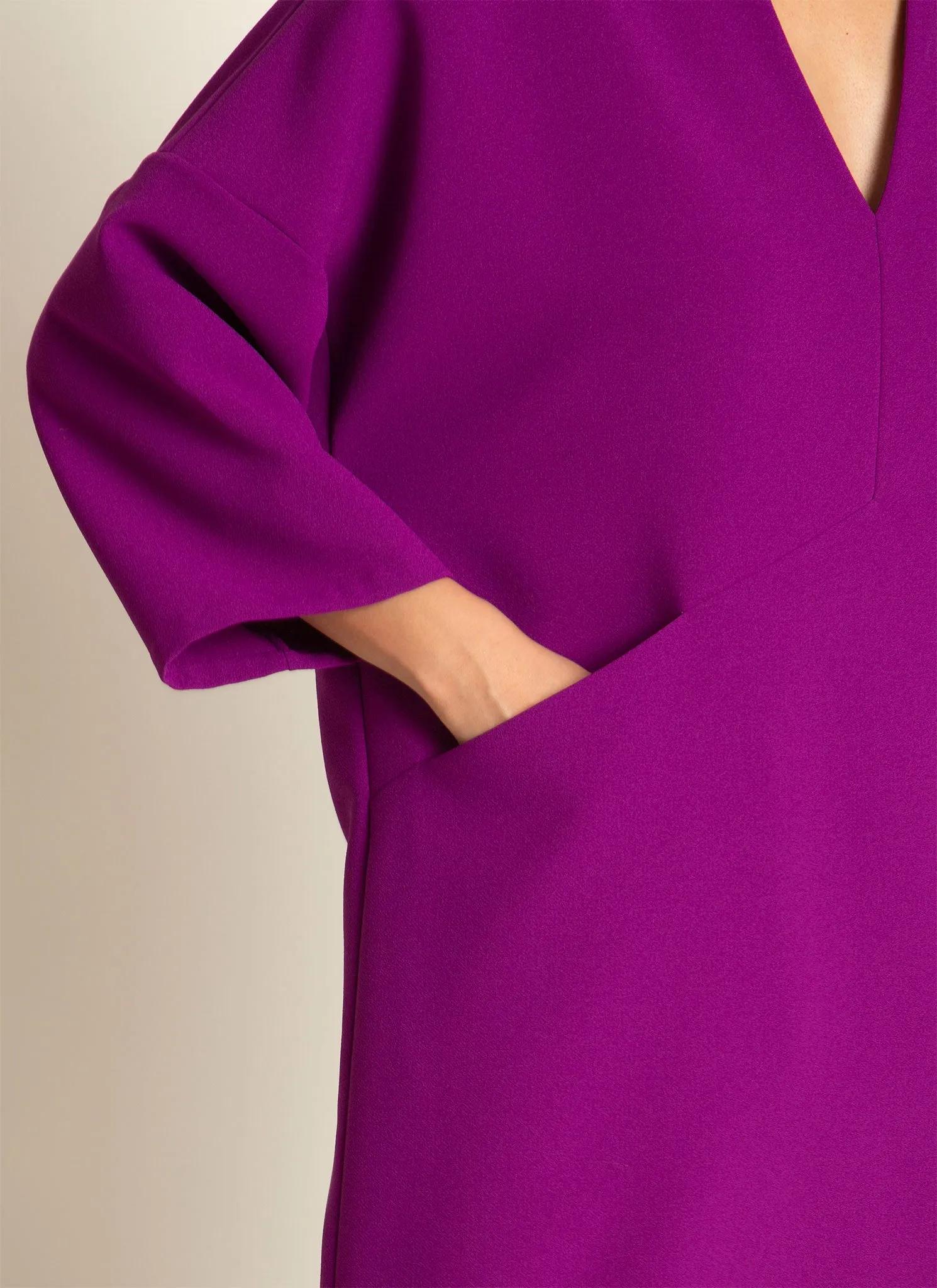 Alluvial 3/4 Sleeve V Neck Mini Pocket Dress in Magenta Purple