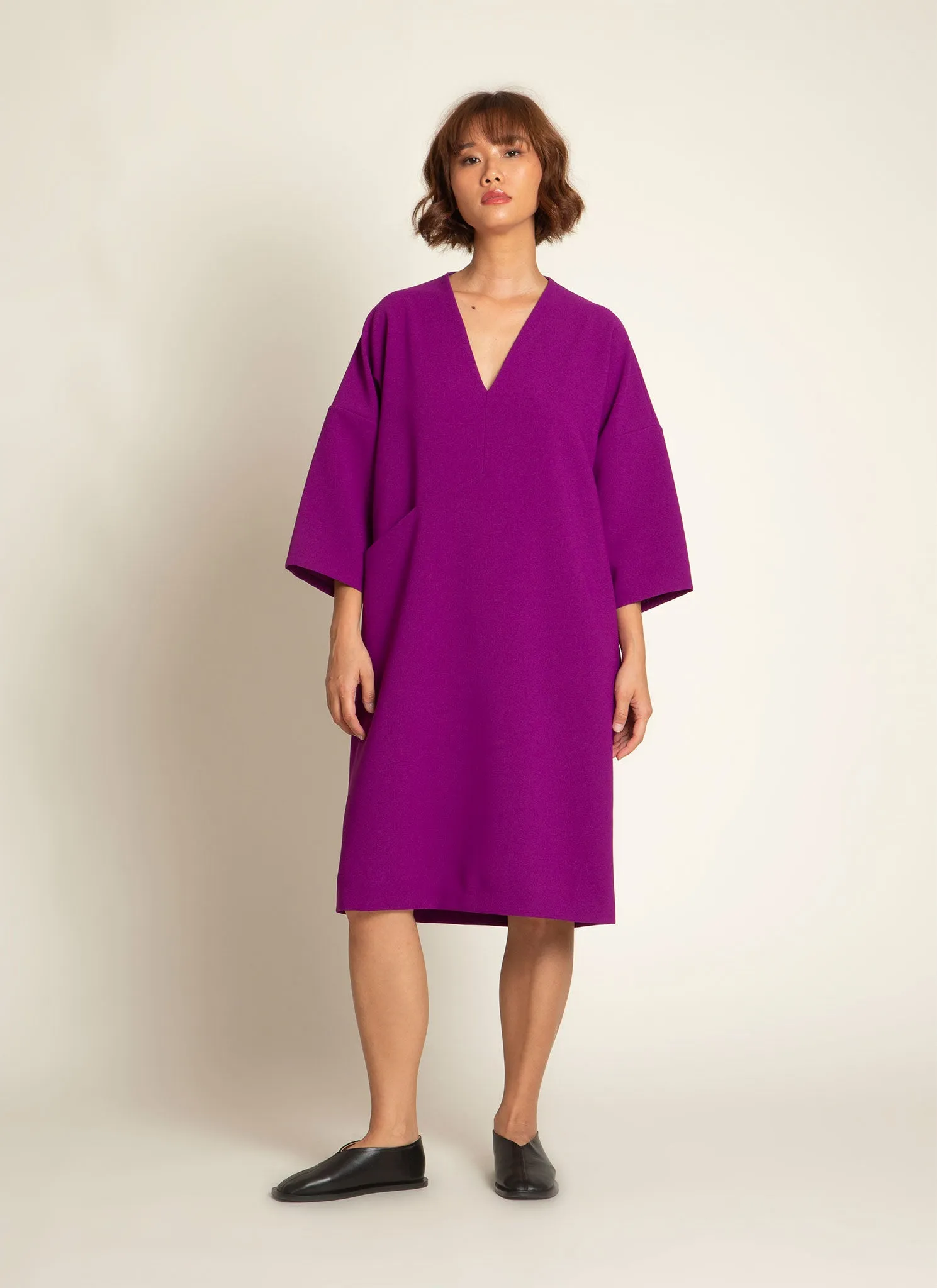 Alluvial 3/4 Sleeve V Neck Mini Pocket Dress in Magenta Purple
