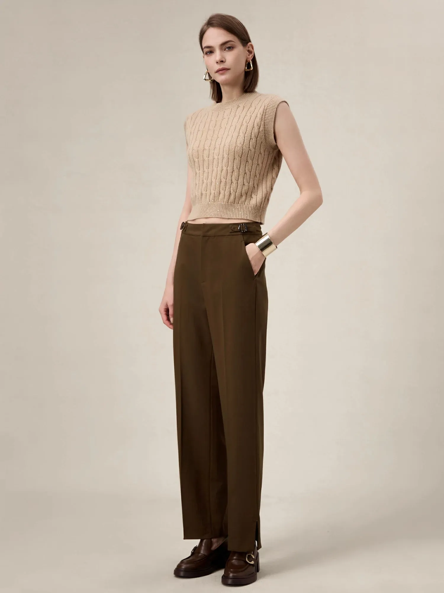 Amoretu Women's Wool Straight Slit Pants