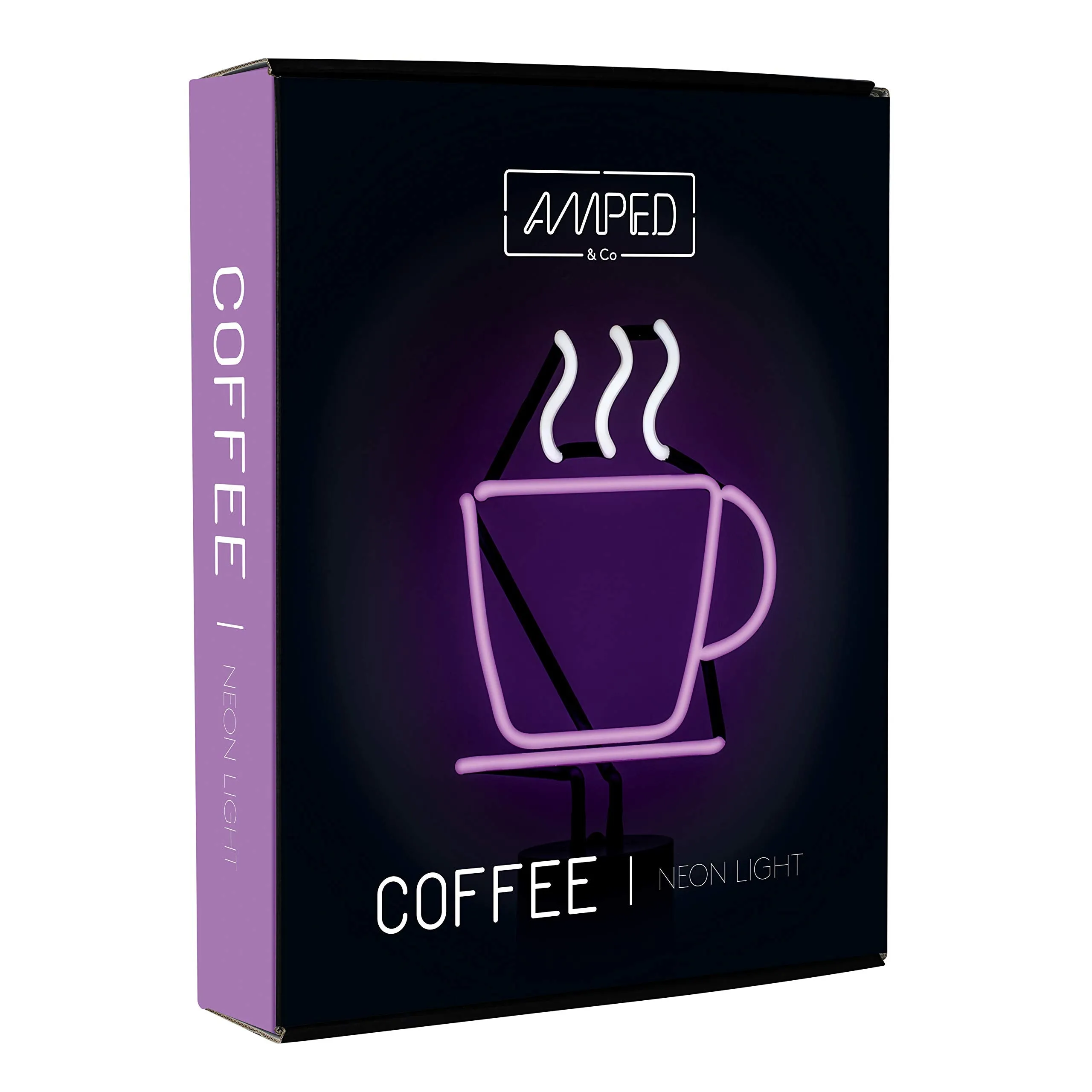Amped & Co Coffee Cup Neon Table Light, Real Neon Cafe Sign, Purple with White Steam
